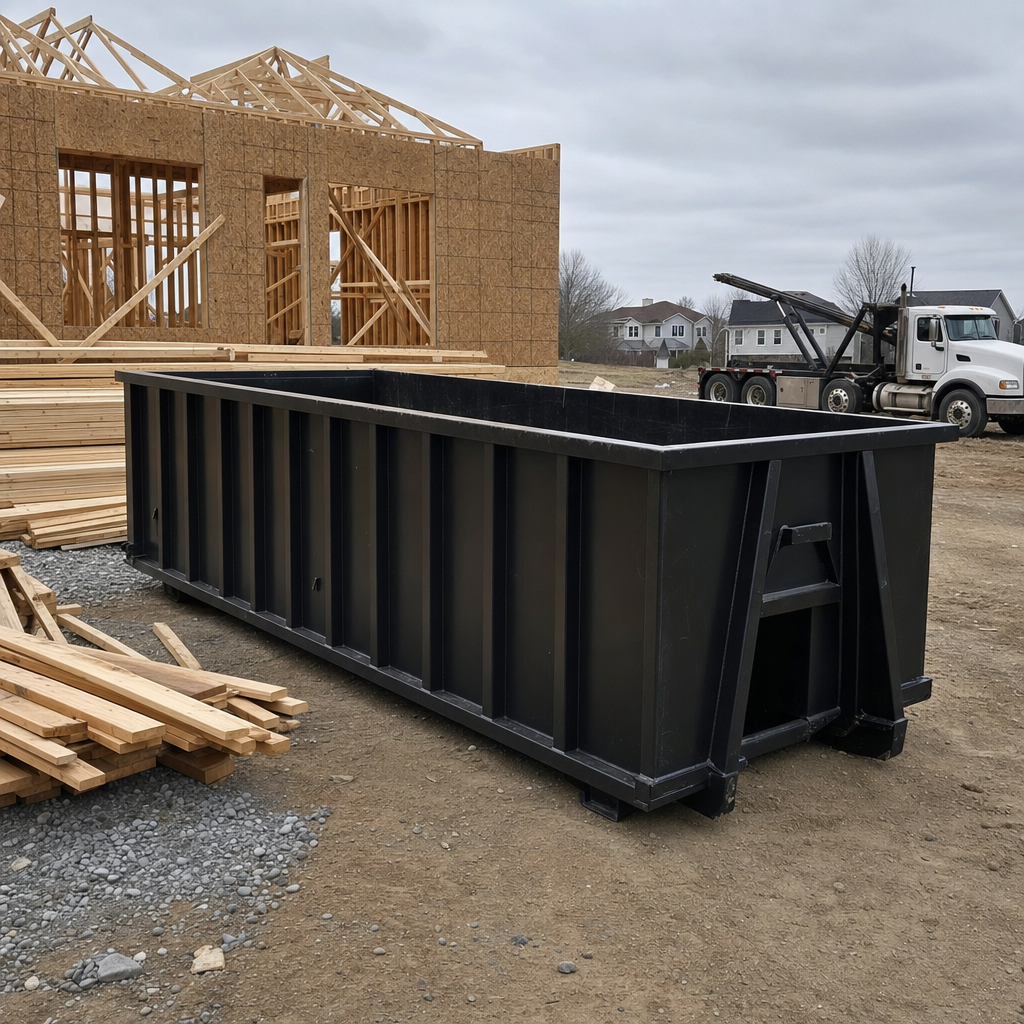 Matte-black 40-yard roll-off dumpster staged on a framed-out residential construction site in Biloxi, framing lumber stacked nearby, hooklift delivery truck visible in the background under bright Colorado daylight