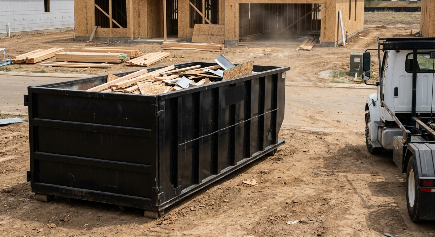 Matte-black 20-yard roll-off construction dumpster with heavy ribbed steel sidewalls and swing rear doors at a working jobsite in Biloxi, sitting directly on compacted dirt with an unmarked white hauler partially visible at the far edge of the frame.