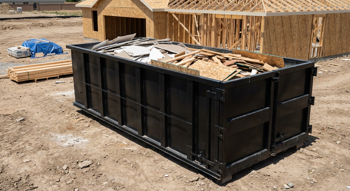 Matte-black 30-yard roll-off construction dumpster sitting directly on the compacted-dirt site of a framed single-family home build in Biloxi, drywall and lumber scrap loaded inside.
