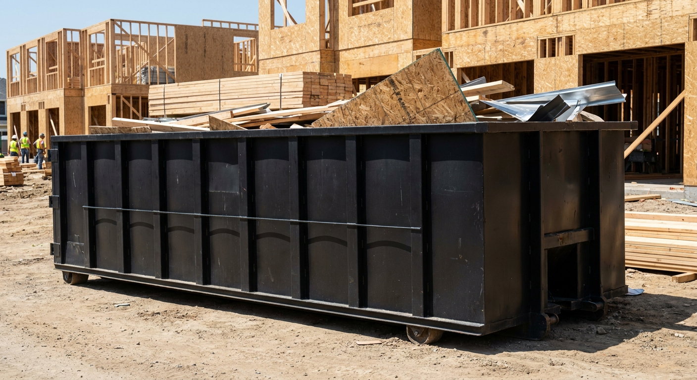 Matte-black 40-yard roll-off construction dumpster being lowered from a white-cab hooklift delivery truck onto the compacted-dirt jobsite at a commercial build site in Biloxi