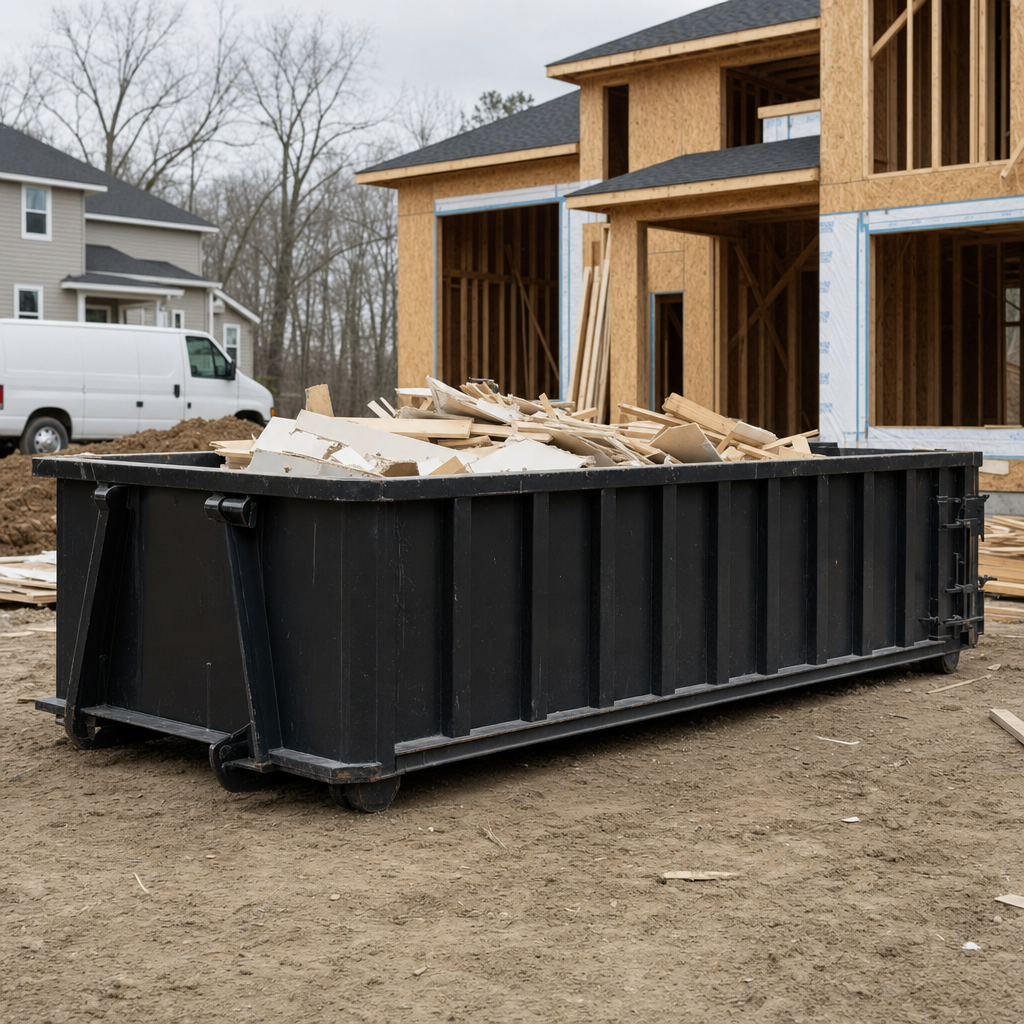 Worker in a yellow high-visibility vest tossing framing lumber and broken drywall into a matte-black 30-yard construction roll-off dumpster on an active build site in Biloxi, bright daylight