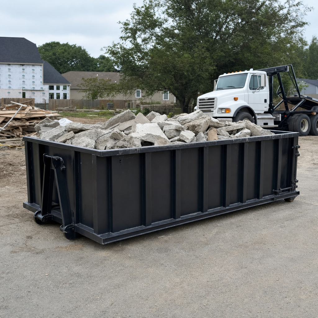 Low-profile matte-black lowboy roll-off dumpster loaded with broken concrete slab and rebar at a foundation tear-out in Biloxi, skid steer parked beside it, sunny Colorado morning