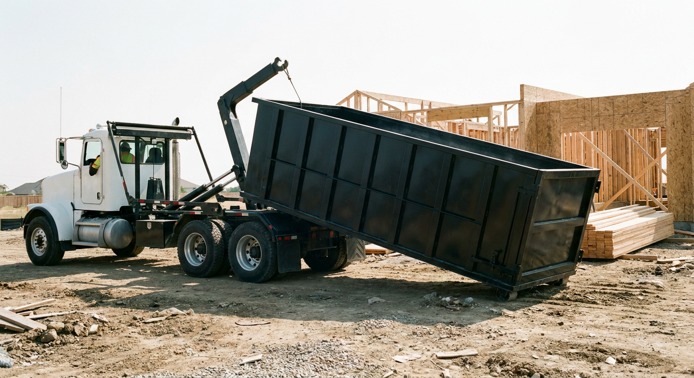Matte-black roll-off dumpster being delivered onto a clean residential concrete driveway in Biloxi by an unmarked white hooklift hauler truck, bright morning daylight, documentary 35mm perspective.