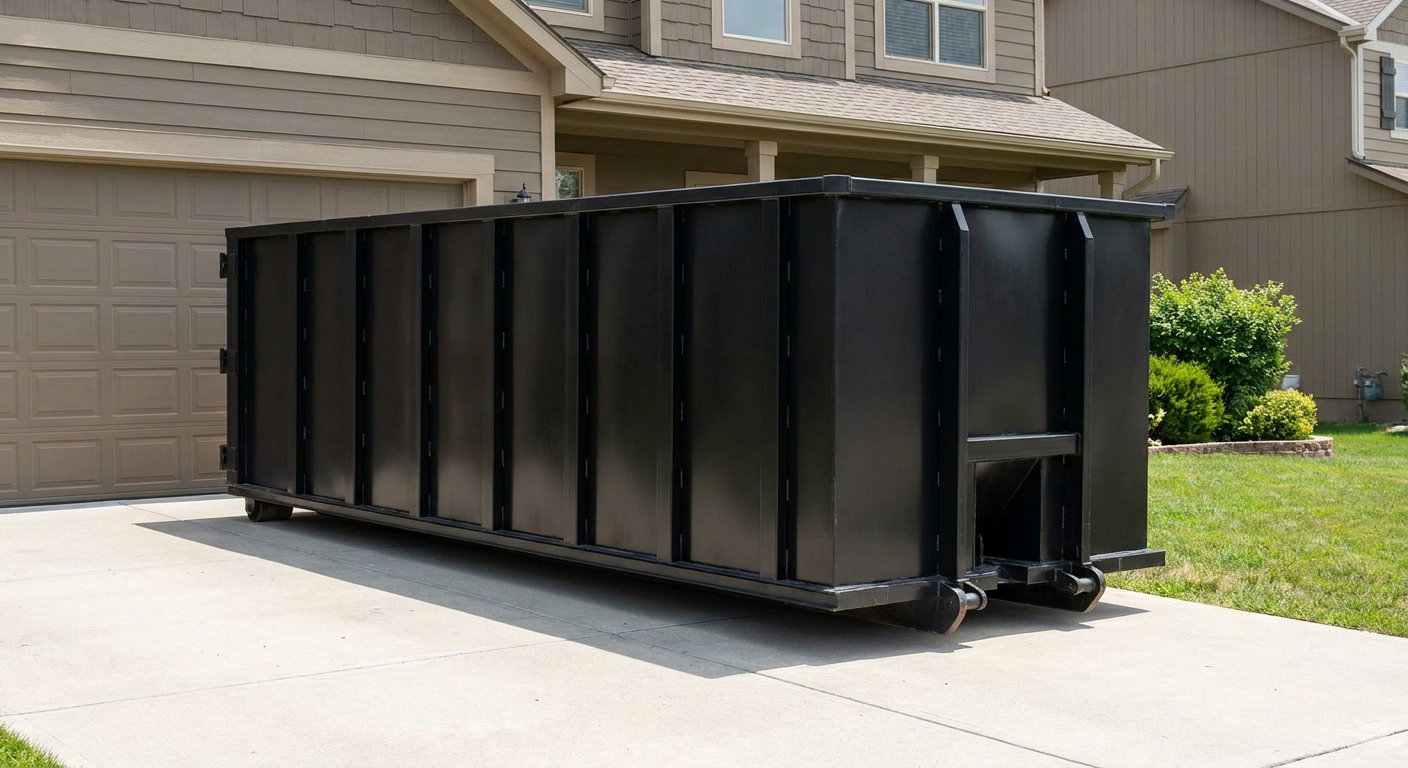 Matte-black residential roll-off dumpster sitting directly on a suburban Biloxi concrete driveway, garage door closed, single-family home in background, bright morning daylight.