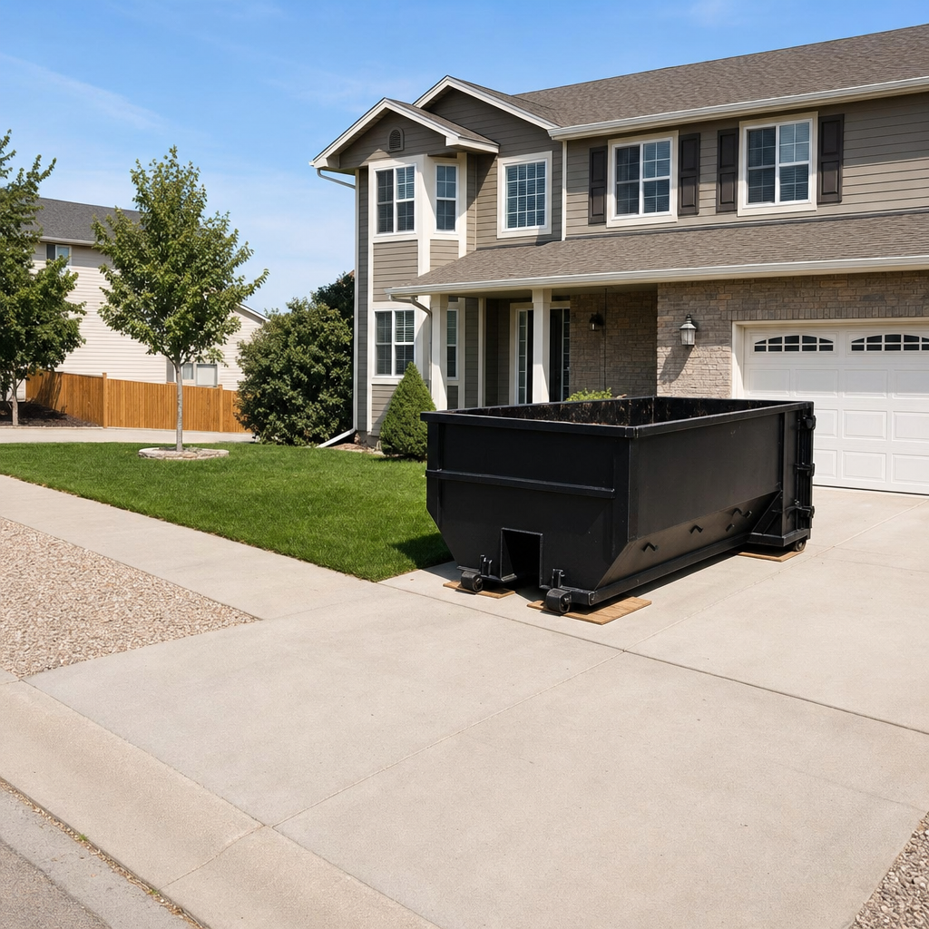 10-yard matte-black residential dumpster placed directly on a narrow Biloxi concrete driveway, room remains for a parked sedan beside it, mid-morning natural light