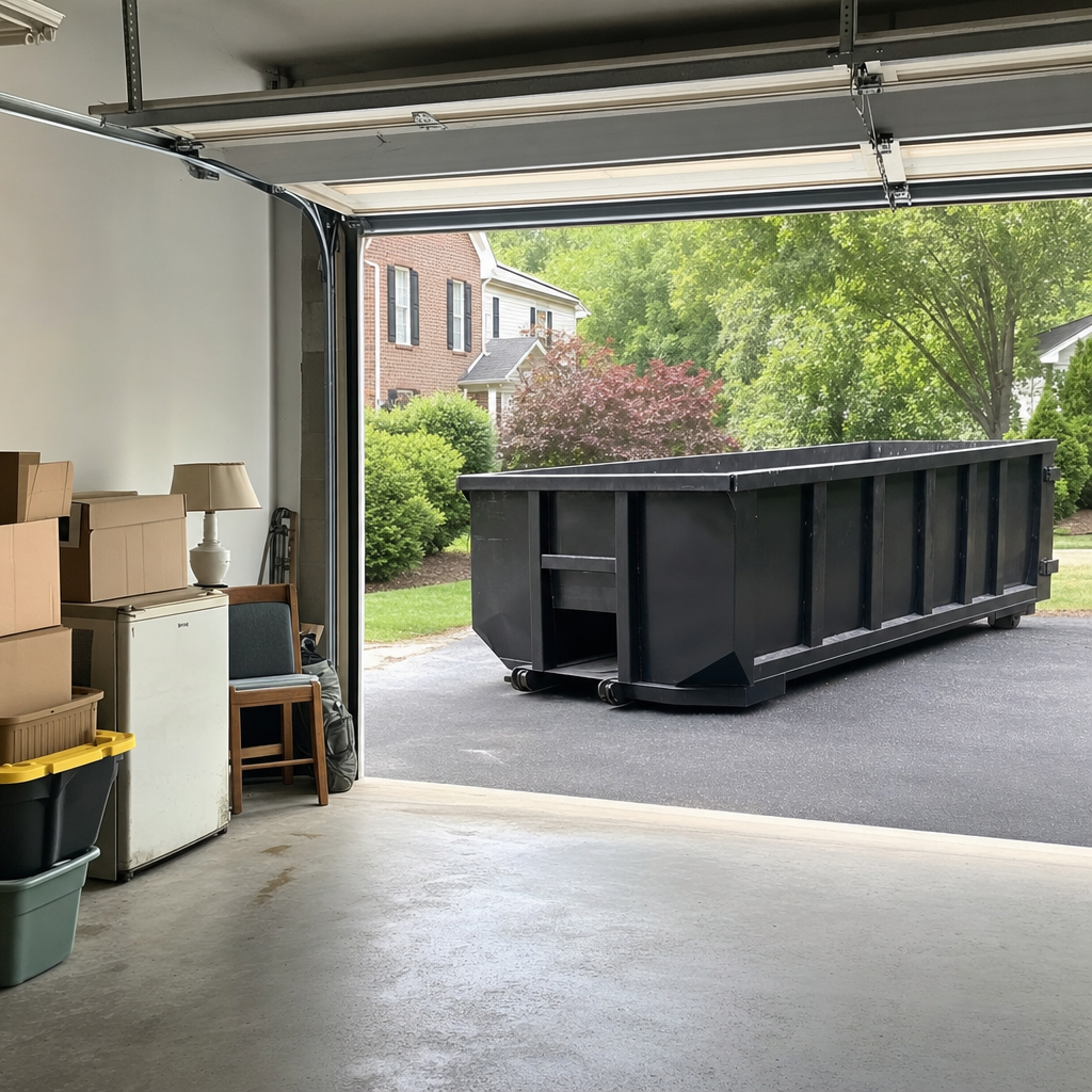Open garage interior in a Biloxi home mid-cleanout — boxed items, an old appliance, and stacked yard tools queued near the driveway for a matte-black roll-off dumpster, organized and calm