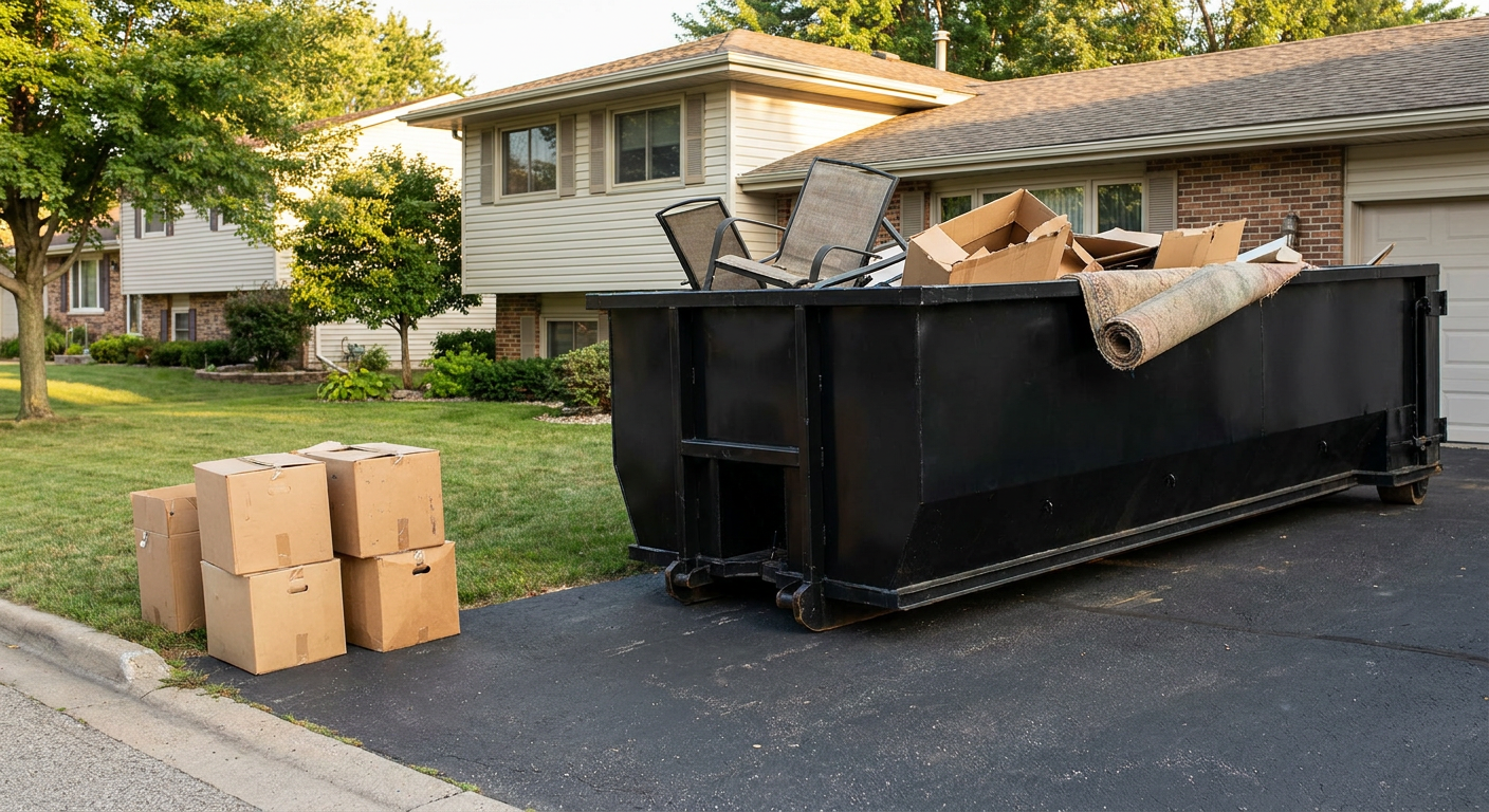 Front-yard view of a Biloxi split-level home with a 20-yard matte-black roll-off dumpster sitting directly on the asphalt driveway, a few clearly labeled donation boxes staged at the curb, calm sunny afternoon.