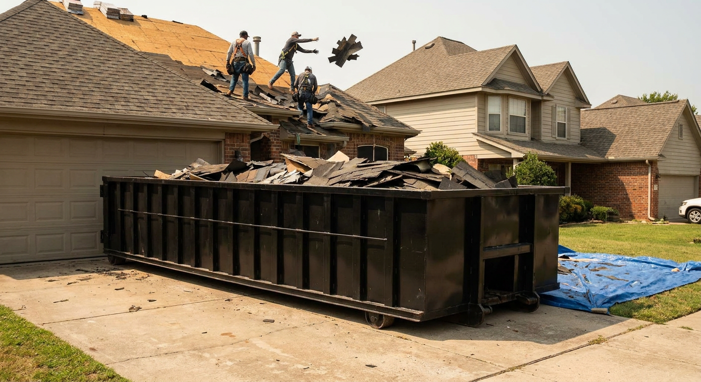 Matte-black roofing roll-off dumpster placed directly on a Biloxi residential concrete driveway, a tear-off crew on a two-story asphalt-shingle roof tossing shingle bundles into the low-walled container, bright daylight, documentary 35mm perspective.
