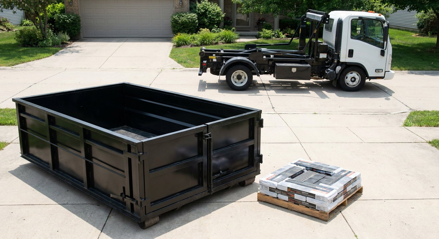 Matte-black 15-yard roofing roll-off dumpster with reinforced low side walls sitting directly on a Biloxi residential concrete driveway, three-tab asphalt shingle bundles stacked nearby, an unmarked white hauler truck partially visible at the edge of the frame.