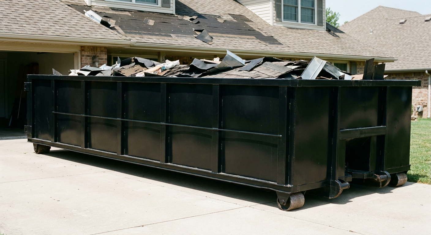 Matte-black 20-yard roofing roll-off dumpster with steel ribbed sides and swinging rear door, sitting directly on the concrete driveway of a two-story Biloxi home, asphalt shingle debris being loaded over the low wall, clean documentary lighting.