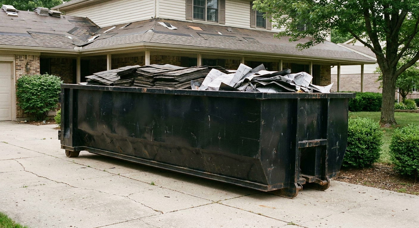 Matte-black 30-yard roofing roll-off dumpster sitting directly on a Biloxi concrete driveway, taller ribbed steel side panels, mixed tear-off debris of asphalt shingles and underlayment inside, professional documentary daylight.