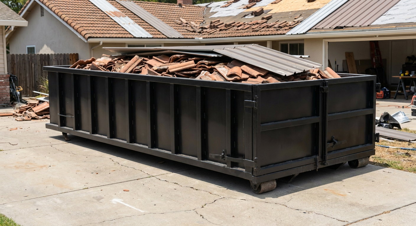 Matte-black low-wall heavy-debris roofing roll-off dumpster sitting directly on a Biloxi concrete driveway, broken concrete clay roof tiles and metal panel sections loaded inside, reinforced ribbed steel side walls visible, bright outdoor daylight.