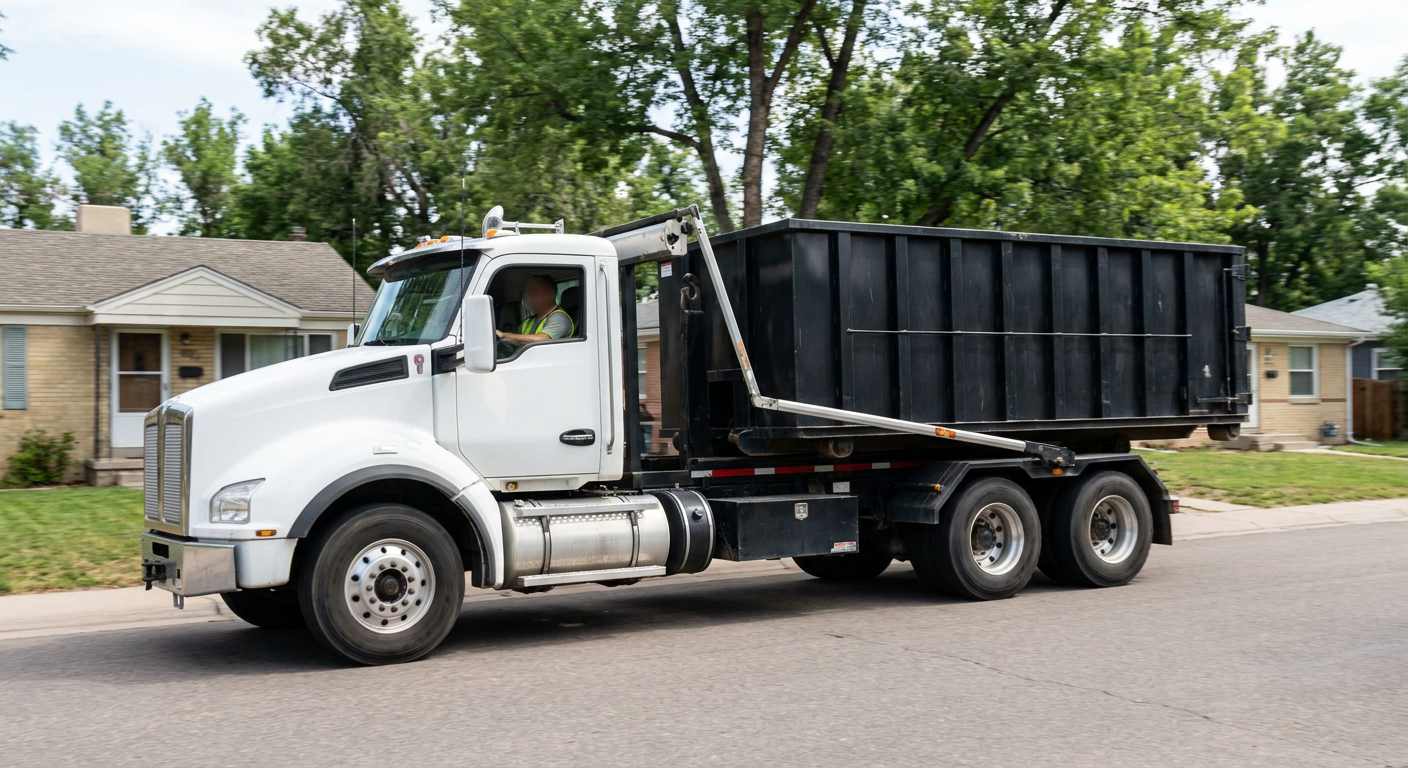 A wide documentary shot of a matte-black roll-off delivery truck pulling onto a quiet Biloxi residential street at mid-morning, with neighborhood rooftops and tree-lined blocks visible behind, showing the metro coverage footprint.
