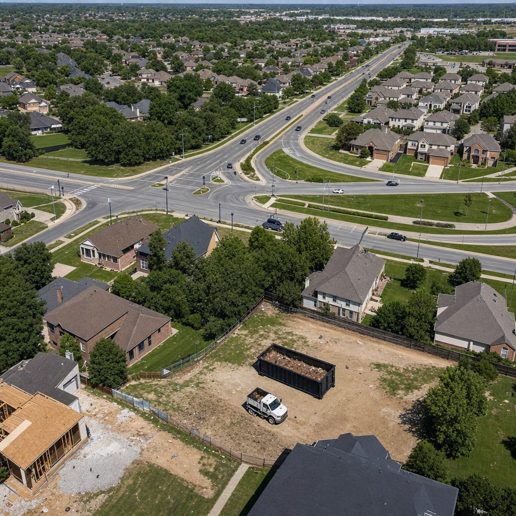 An overhead documentary view of the Biloxi metro area at midday, showing the spread of neighborhoods, arterial roads, and the dispatch radius from a central yard — clean daylight, organized geographic layout.