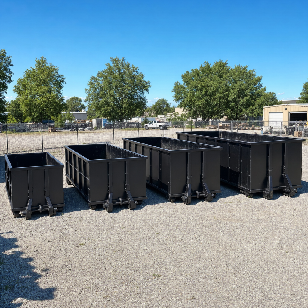 A clean lineup of matte-black roll-off dumpsters in 10, 20, 30, and 40-yard sizes staged on a sunlit gravel yard in Biloxi, showing the size progression from compact to commercial-scale containers.