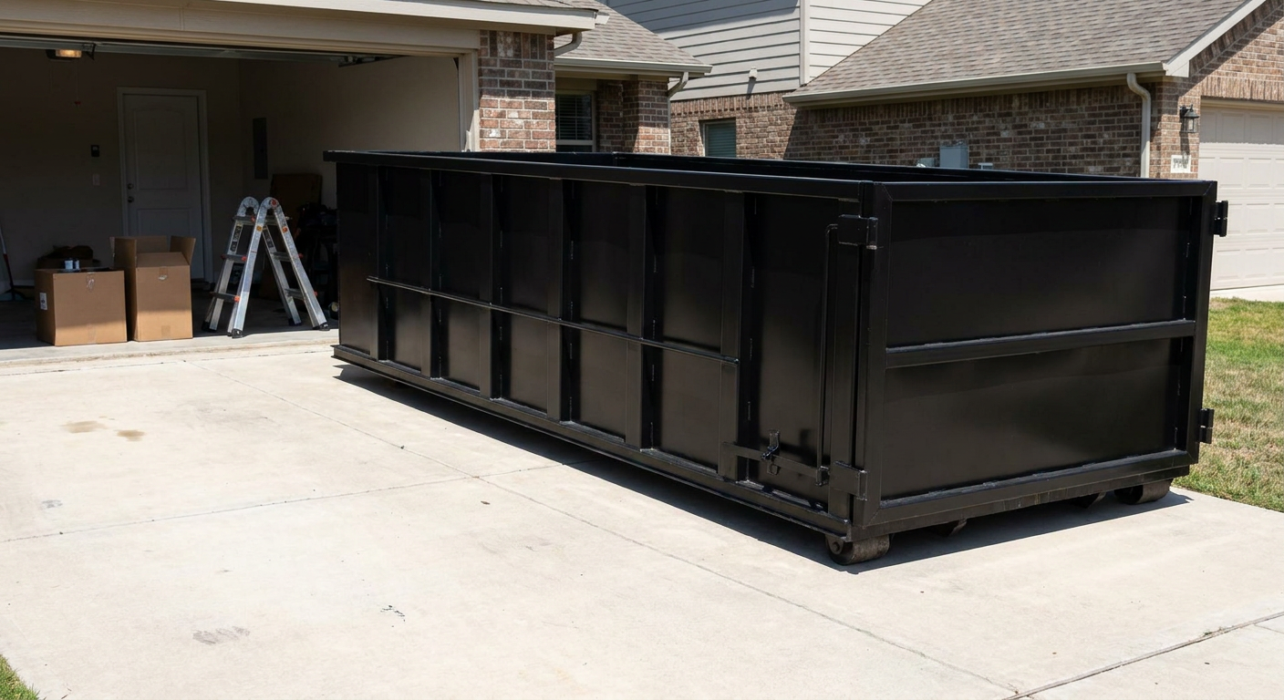 A matte-black 10-yard roll-off dumpster sitting directly on a residential Biloxi concrete driveway, mid-day sunlight, clean and ready for a garage cleanout.