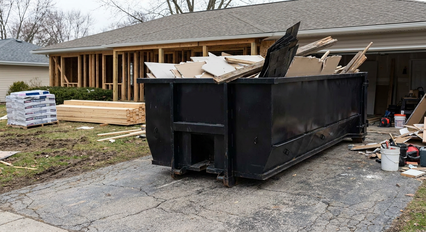 A matte-black 20-yard roll-off dumpster placed alongside a mid-renovation Biloxi home directly on the asphalt driveway, with framing materials and torn-off shingles staged neatly nearby.
