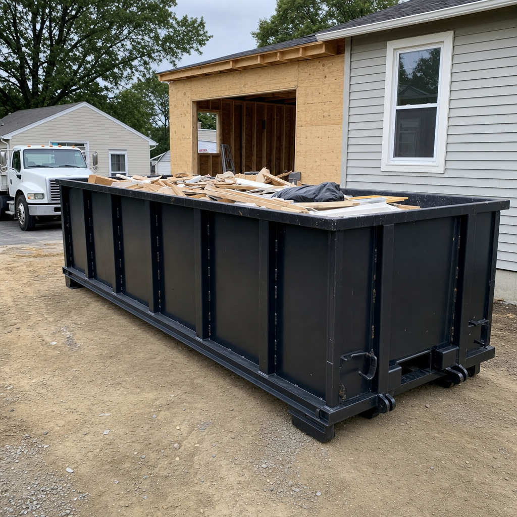 A matte-black 30-yard roll-off dumpster positioned at a Biloxi residential addition jobsite, with framing lumber and drywall scraps loaded through the open swinging rear doors.
