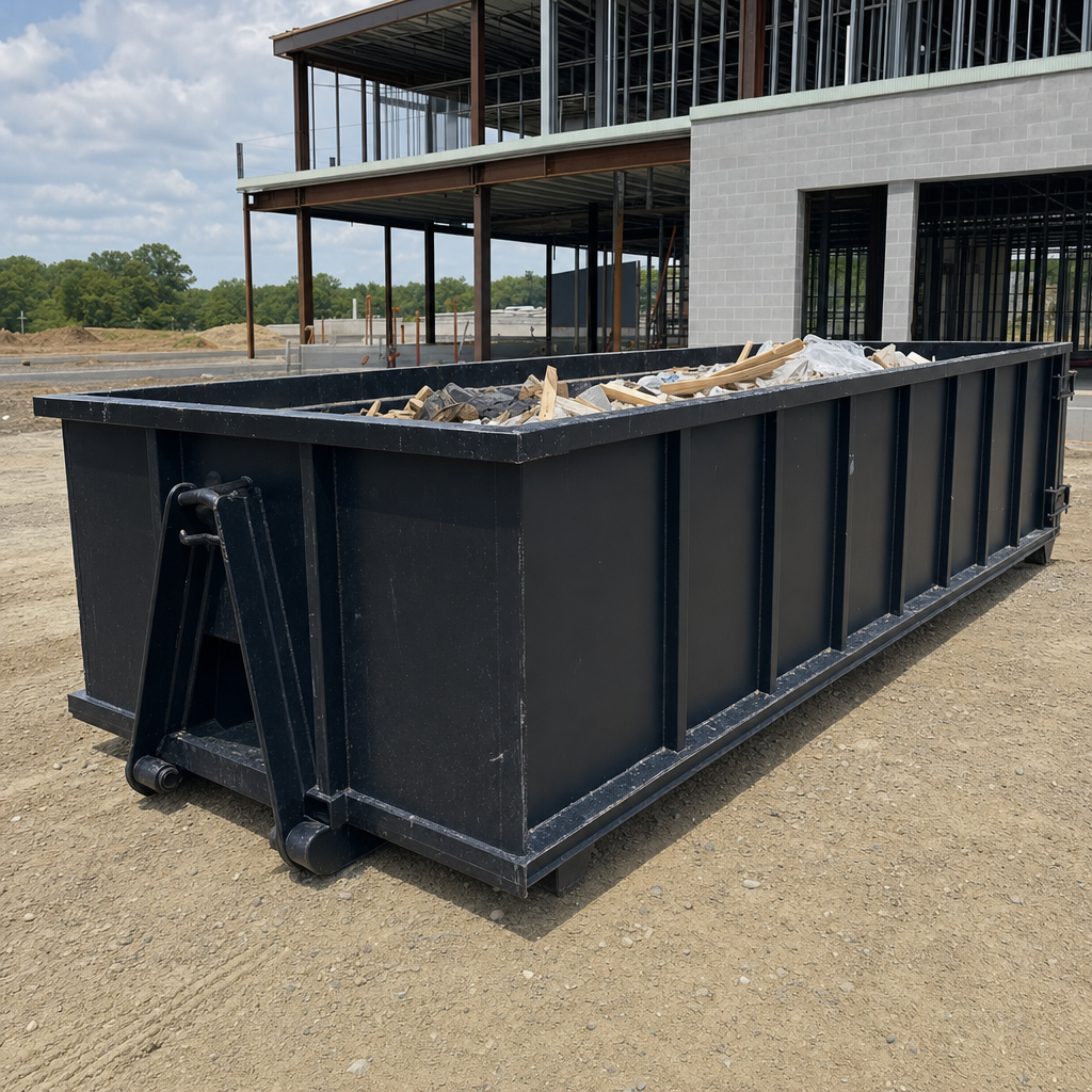 A matte-black 40-yard roll-off dumpster staged on a large Biloxi commercial construction lot, with a hooklift delivery truck parked alongside under bright midday sky.