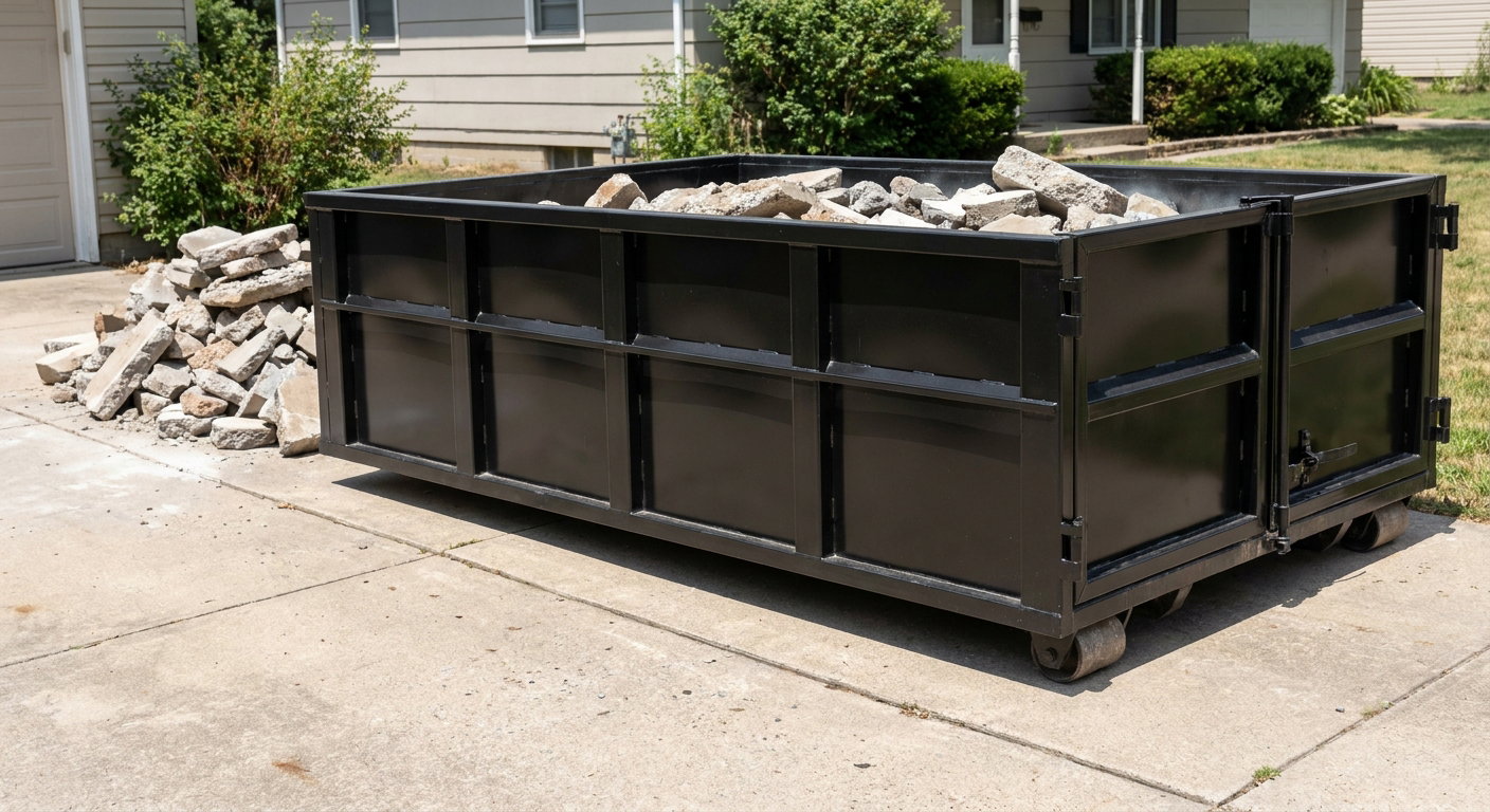 A matte-black low-side heavy-debris roll-off dumpster placed directly on a Biloxi concrete driveway, with broken concrete chunks neatly stacked beside it under clean daylight.